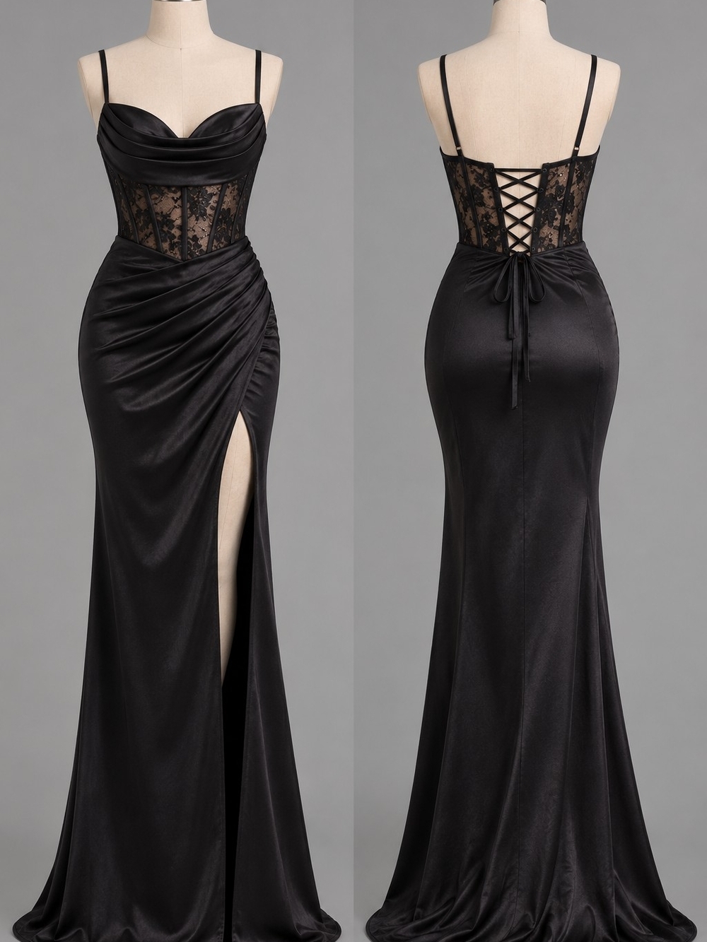 Windsor Black Satin & Lace Corset Gown with High Slit